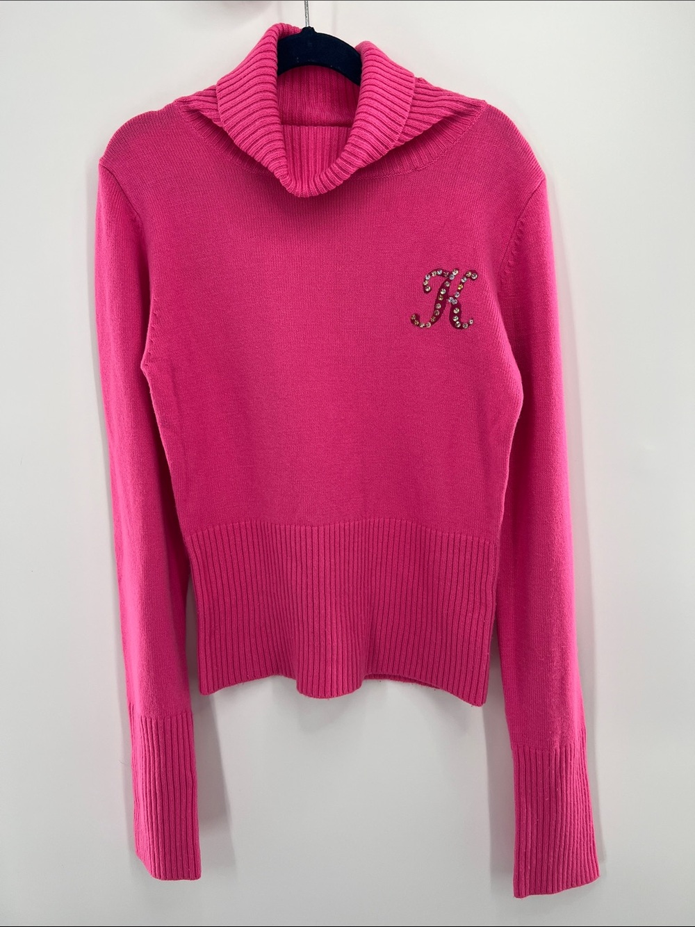 Sweater Project Hot Pink Cowl Neck Sweater Embroidered Jeweled 'K' Preppy